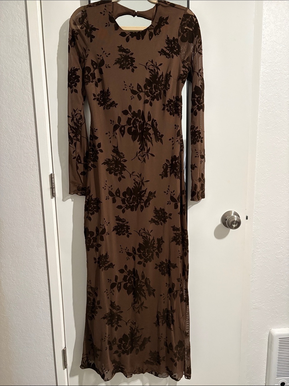 Brown Floral Long-Sleeve Maxi Dress with Cutout Back - BRAND NEW